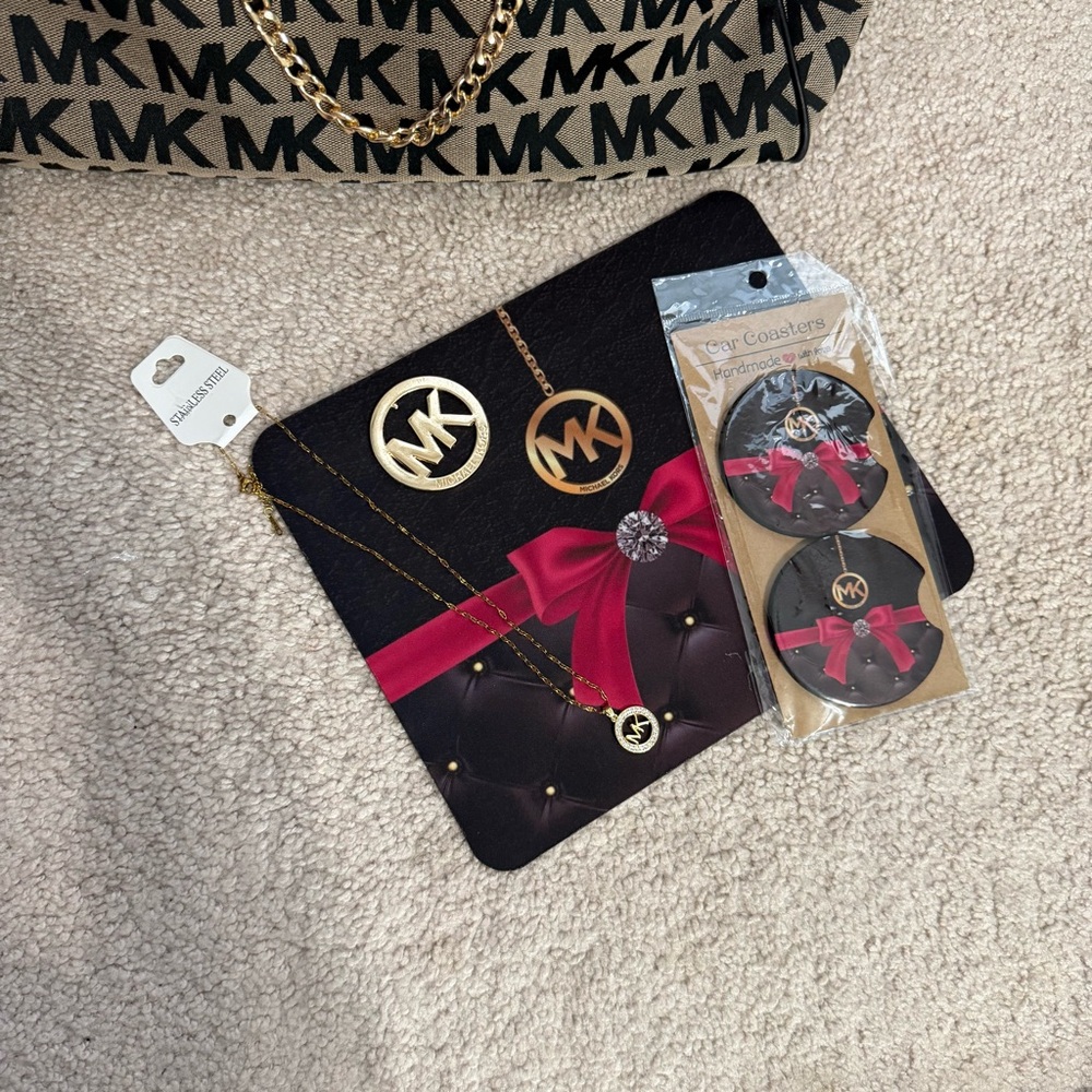 Michael Kors Logo Satchel Bundle with inspired necklace, mousepad, car coasters - Picture 14 of 16